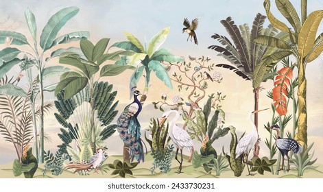 Imprimir con peonías, árboles, bambú y pájaros en estilo chinoiserie, mural de naturaleza tropical Fondo de pantalla.