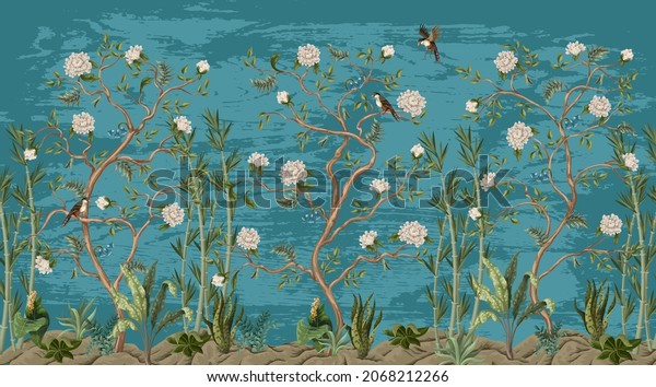 Print with peonies trees, bamboo and birds in chinoiserie style