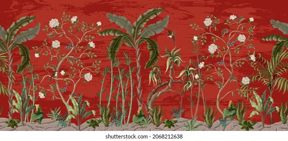 Print with peonies trees, bamboo, palms and birds in chinoiserie style