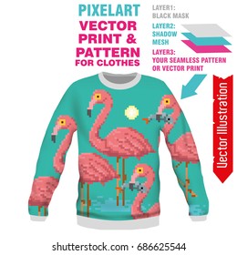 Print pink flamingo. Vector layout, sublimation print for printing on clothes, sweatshirts, tshirts, tank top. Vector illustration for sublimation, silkscreen, thermal transfer. Online constructor.