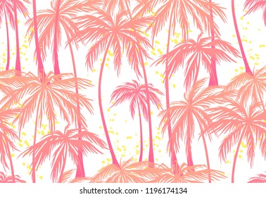 print, pink palm trees seamless pattern on white background. Vector illustration, design element for congratulation cards, print, banners and others