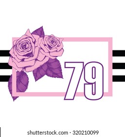 Print with pink roses and number. For t-shirt or other uses, in vector.