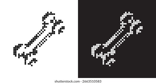 Imprimir Icono de hueso pixelado reflejado en negro sobre blanco y blanco sobre negro: minimalista, retro e ideal para el diseño digital o el uso de activos de juegos.
