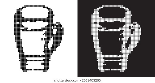 Imprimir Guantes de boxeo pixelados, negro sobre blanco y blanco sobre negro, reflejados para resaltar el contraste audaz, el espacio negativo y el estilo retro del pixel art.
