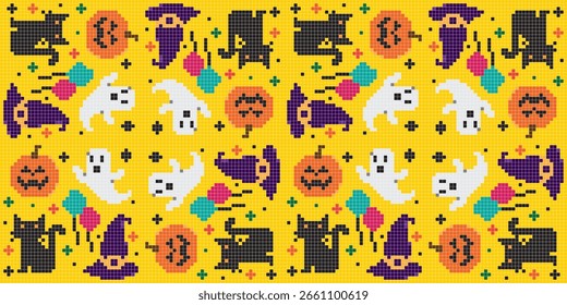 Print Pixelated Ghosts, black cats, pumpkins, witch hats, and bats repeat on a yellow background, forming a lively Halloween-themed pattern full of playful charm.
