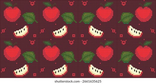 Imprimir Manzanas rojas pixeladas y rodajas de manzanas se repiten sobre un fondo de cuadrícula oscuro, creando un patrón atrevido y afrutado con un ambiente digital retro.
