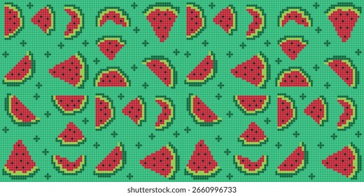 Imprimir fatias de melancia pixeladas em formas triangulares e semicirculares formam uma grade divertida em um fundo verde, criando um novo padrão de repetição de verão.
