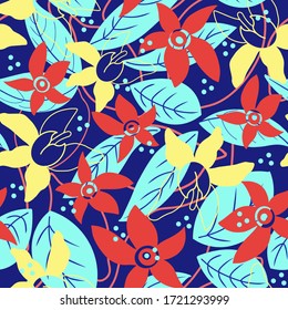
Impresión con plantas, flores y limones.  Patrón veloz. Ilustraciones para tejidos y todas las impresiones sobre un fondo azul.