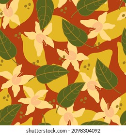 Print with plants, flowers and lemons. Vector seamless pattern. Illustrations for fabrics and all prints on a red background.