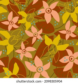 Drucken Sie mit Pflanzen und Blumen. Vektornahtloses Muster. Illustrationen für Stoffe und alle Drucke auf gelbem Hintergrund.