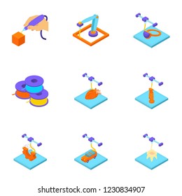 Print with plastic icons set. Isometric set of 9 print with plastic vector icons for web isolated on white background
