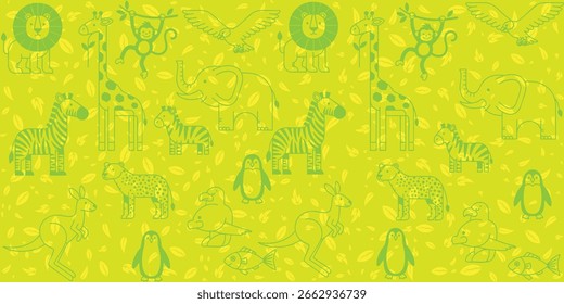 Print Playful jungle pattern featuring lions, monkeys, giraffes, elephants, and more—set against a leafy green backdrop, bursting with cheerful animal energy.
