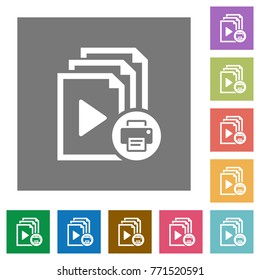 Print playlist flat icons on simple color square backgrounds