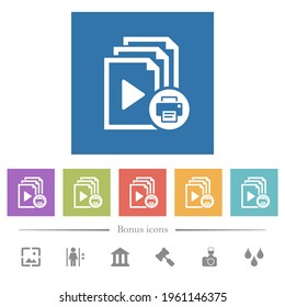 Print playlist flat white icons in square backgrounds. 6 bonus icons included.