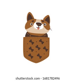 Print for pocket detail with a cute sweet dog, flat vector illustration isolated on white background. Funny puppy animal cartoon character for textile design.