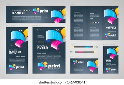 Print Сmyk polygraphy abstract butterfly Set flyer cover, tri-fold, banner, roll up banner, business card