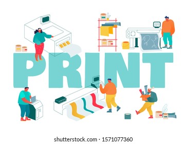 Print and Polygraphy Industry Concept. Printing House Production Process Facilities Equipment Flowchart Plotter, Printer Offset Machine Poster Banner Flyer Brochure. Cartoon Flat Vector Illustration