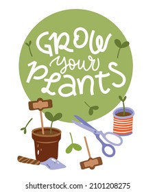 Print poster and banner for web design with gardening tools, for plant lovers on white isolated background. Vector illustration, lettering.