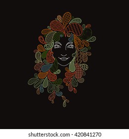 Print for the posters, textile. Portrait of a beautiful girl with zentangle locks. Patterned hair. Vector illustration on white background.
