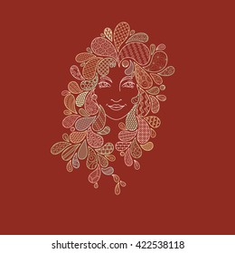 Print for the posters, textile. Portrait of a beautiful girl with zentangle locks. Patterned hair. Vector illustration on white background.
