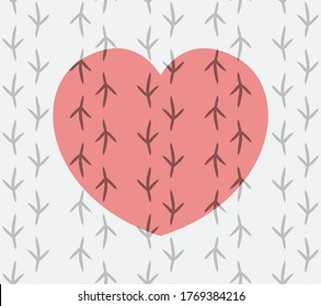 Print of prints of pigeon feet on a pot-bellied pink heart and a gray background. Dove track. The bird was selling a heart. Endless seamless vector flat design