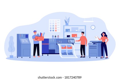 Print production concept. Typography workers using big commercial printer for printing colorful posters. Vector illustration for ad agency, printing industry, typography topics