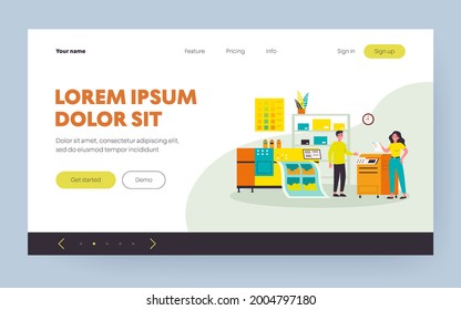 Print production concept. Typography workers using big commercial printer for printing colorful posters. Vector illustration for ad agency, printing industry, typography topics