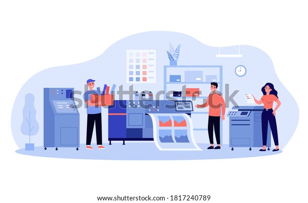 Print production\
concept. Typography workers using big commercial printer for\
printing colorful posters. Vector illustration for ad agency,\
printing industry, typography\
topics