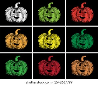 print of pumpkins for Halloween on a black background, imprint, illustration, vector