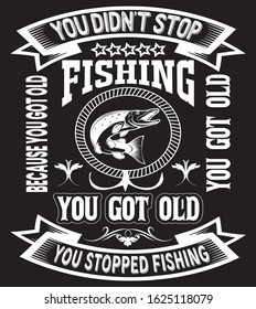 Print Ready black T-shirt or poster design with illustration of Fishing in white color.  Logo Template with Antlers, Textures and Retro Typography. Design with text composition. 