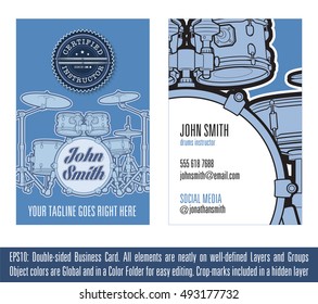 Print ready Business Card Concept for Drums Instructors. All elements neatly on well-defined layers and groups. Colors are Global, on sets and named after their respective object. Fonts not included