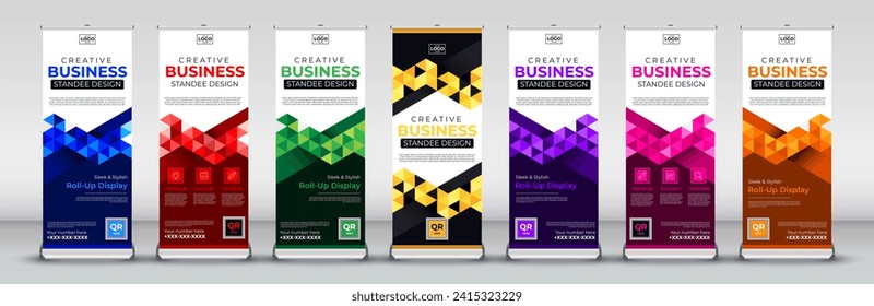 print ready Business roll up banner design for business events, annual meetings, presentations, marketing, promotions in blue, red, green, yellow, purple, pink, orange and black