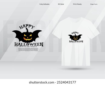 Plantilla de diseño de camiseta de fiesta de Halloween lista para imprimir. Diseño de camiseta de vacaciones de Halloween con calabazas y alas de murciélago. Vector de diseño de camiseta de calabaza de color blanco. Diseño tipográfico.