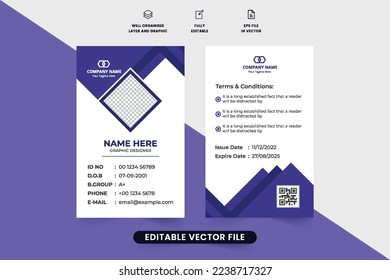 Print ready identity card design for business or academic organizations. Minimal corporate ID card template vector with geometric shapes and purple colors. Personal identity card design for business.