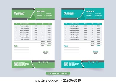 Print ready invoice template vector with green and blue colors. Creative billing paper and cash receipt design for modern business. Product purchase receipt with price and info sections.
