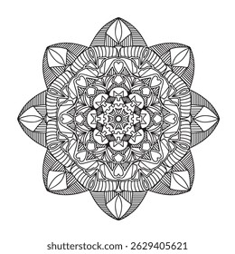 Print ready mandala for coloring page book or meditative activity. Detailed and intricate with black line art. High quality scalable vector illustration on a white background, EPS 10. 
