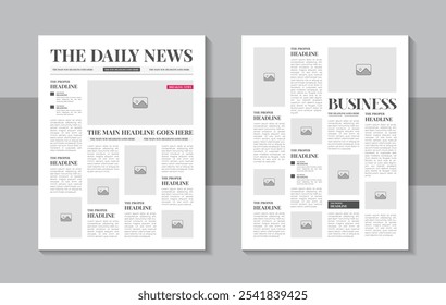 Print ready newspaper template layout design with headlines, illustrations, column articles, daily advertising, Newsprint design, magazine page or Newspaper layout vintage newspaper design
