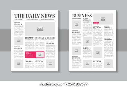 Imprimir design de layout de modelo de jornal pronto com manchetes, ilustrações, artigos de coluna, publicidade diária, projeto de impressão jornal, página de revista ou layout de jornal em modelo vetorial