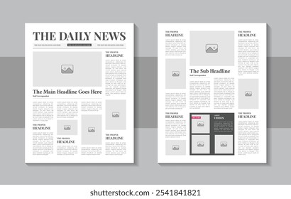 Print ready newspaper template layout design with headlines, illustrations, column articles, daily advertising, Newsprint design, magazine page or vintage newspaper design template layout