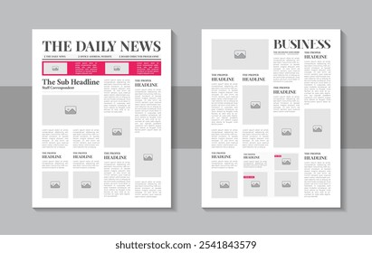 Diseño de diseño de Plantilla de periódico listo para imprimir con titulares, ilustraciones, artículos de columna, publicidad diaria, diseño de periódico, página de revista o Plantilla de diseño de periódico vintage. Plantilla de periódico