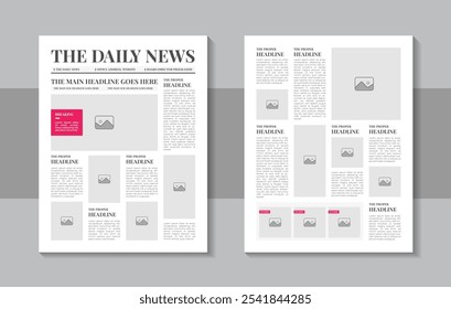 Diseño de diseño de Plantilla de periódico listo para imprimir o Vector de Plantilla de periódico. Noticias de Artículos Financieros, Publicidad e Información Comercial. Historia de los titulares de la economía de la Noticias mundial. Espacios en blanco de diseño para Imágenes