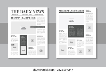 Print ready newspaper template layout design with paper sheets media template, headlines, and daily news column article layout