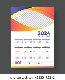 Print Ready One Page wall calendar template design for 2024. Wall Calendar 2024 Template Design. Print Ready One Page wall calendar template design for 2024