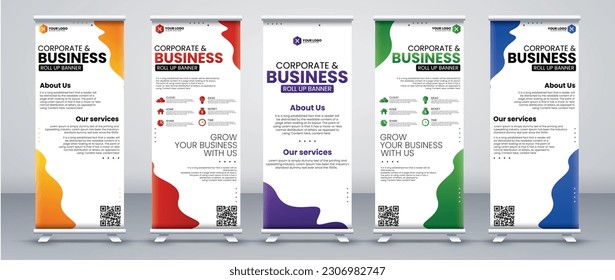 print ready roll up banner design in orange, red, purple, green and blue colors