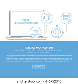 Print ready and web concept illustration and background with light blue IT service management process outline icons for ITIL, ITSM and DevOps teams