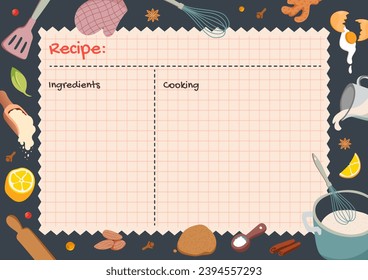 Print recipe card templates for making notes about preparation of food and cooking ingredients. Empty cookbook pages decorated with Food icons and elements. Vector flat illustration.