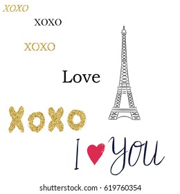 Print with red heart, Eiffel tower and hand drawn text. For card, poster, invitation, banner, flyer. Vector illustration