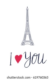 Print with red heart, Eiffel tower and hand drawn text. For card, poster, invitation, banner, flyer