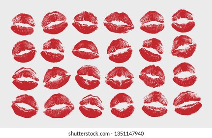 Print of red lips set. World kiss day, Valentine's day design elements. Vector illustration of womans girl red lipstick kiss mark isolated on white background.