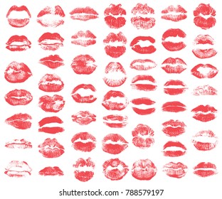Print of red lips set. World kiss day, Valentine's day design elements. Vector.